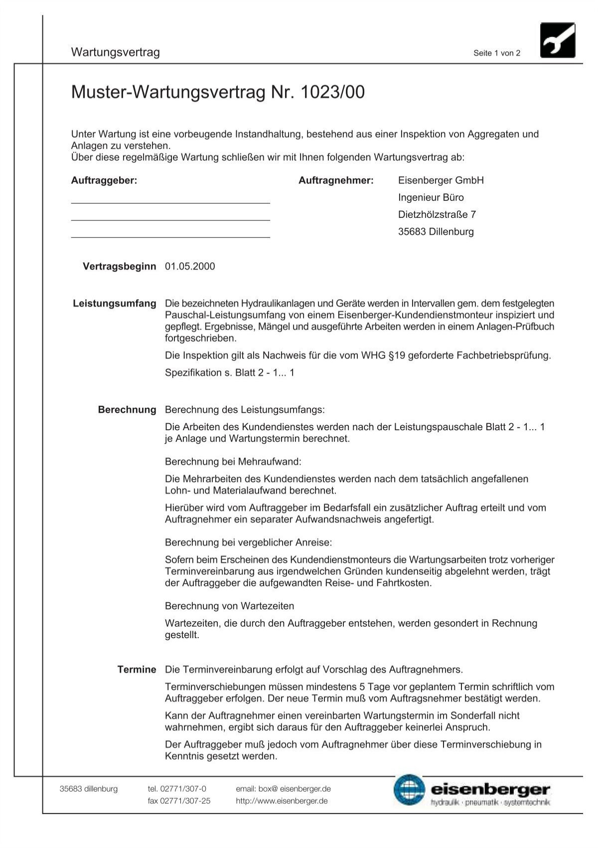 Muster-Wartungsvertrag Nr. 1023/00 - eisenberger gmbh