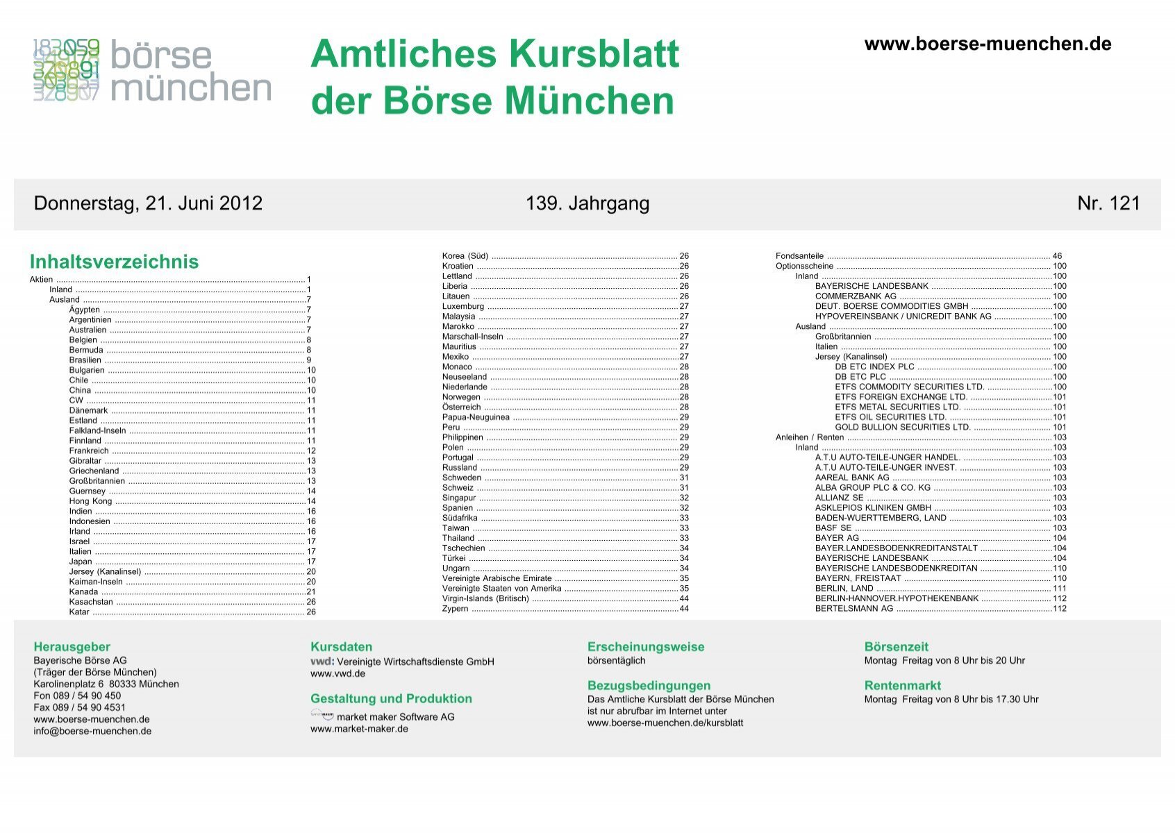Amtliches Kursblatt Der Borse Munchen Bayerische Borse