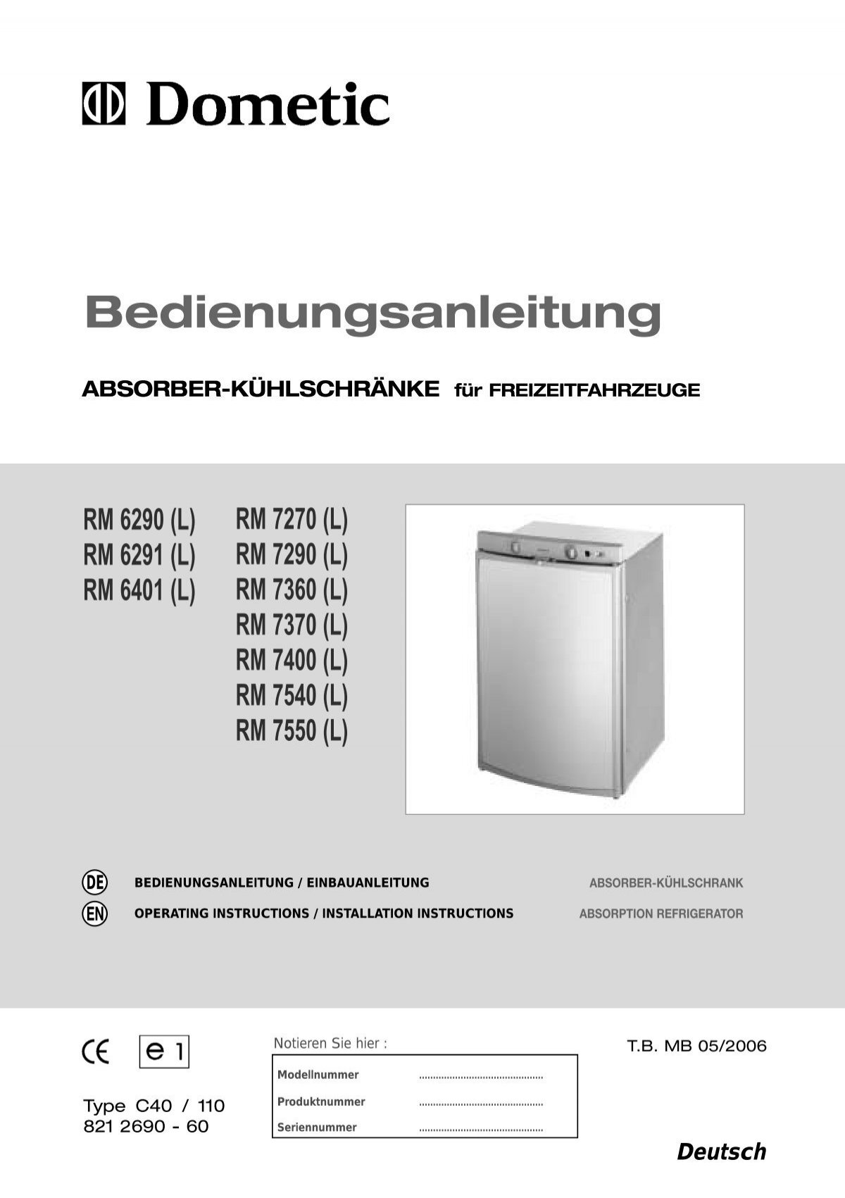 Dometic kühlschrank Bedienungsanleitung