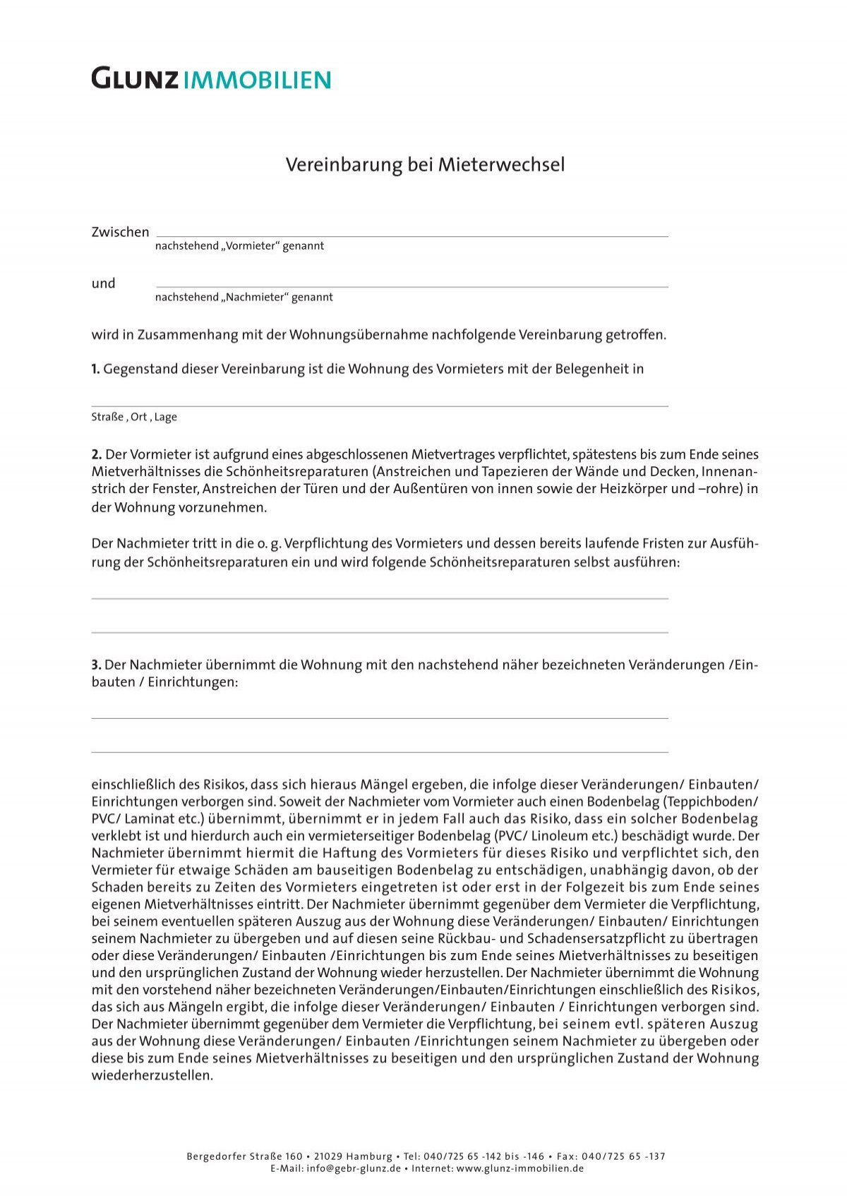 Vereinbarung bei mieterwechsel pdf