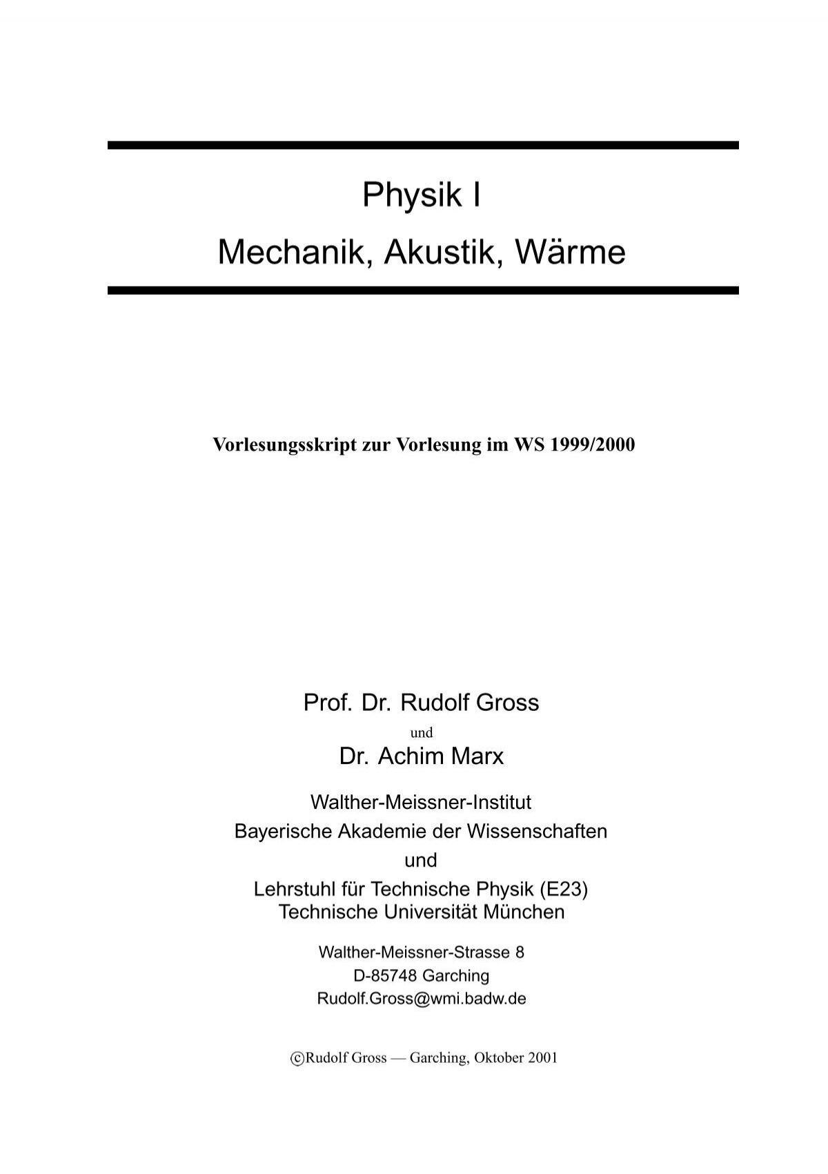 Physik I Mechanik Akustik Wa A Arme Walther Meiaƒaÿner Institut