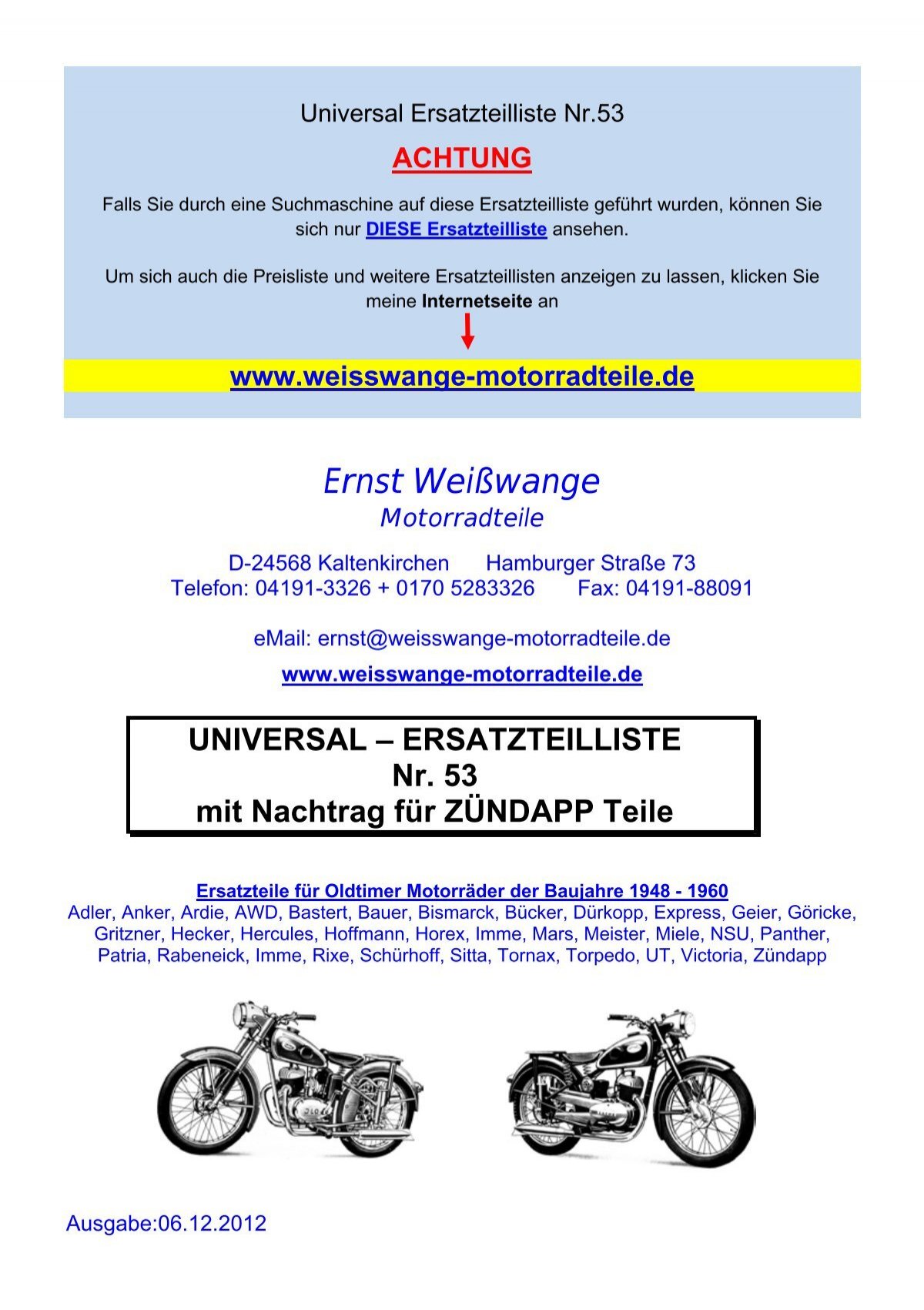 UNIVERSAL – ERSATZTEILLISTE Nr. 53 mit  - Ernst Weißwange