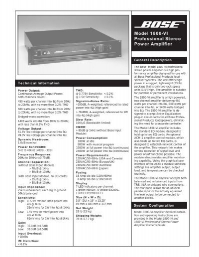 Model 1800-VI Professional Stereo Power Amplifier - Tech - Bose