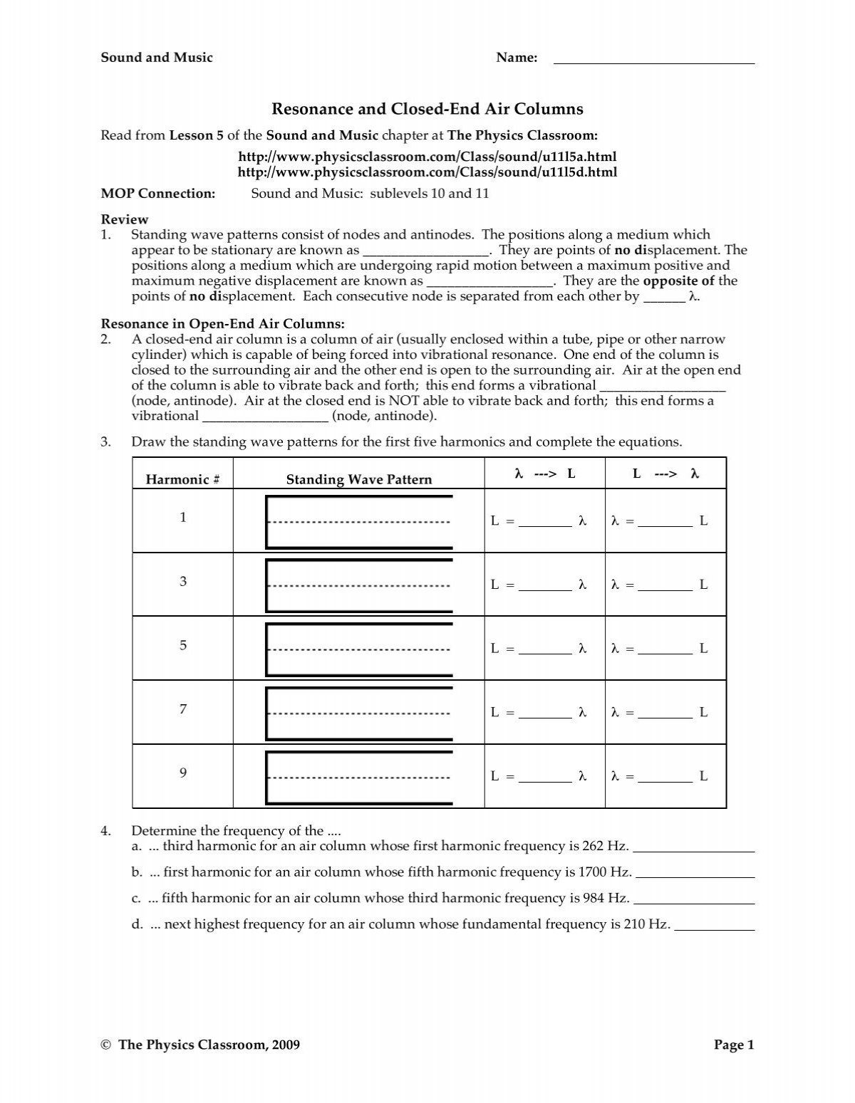 Resonance And Closed End Air Columns Worksheet Answer Key