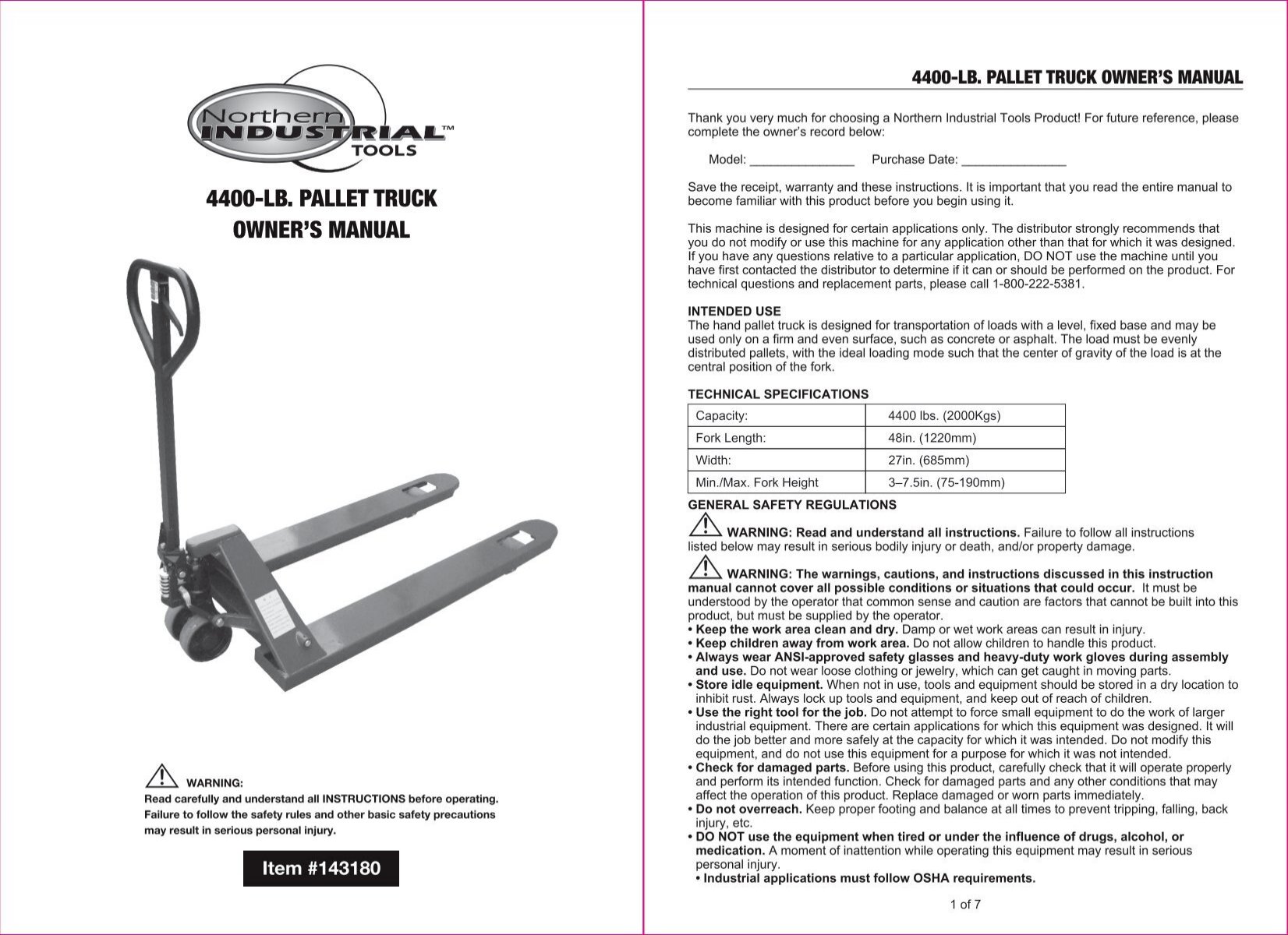 4400-LB. PALLET TRUCK OWNER'S MANUAL - Northern Tool +