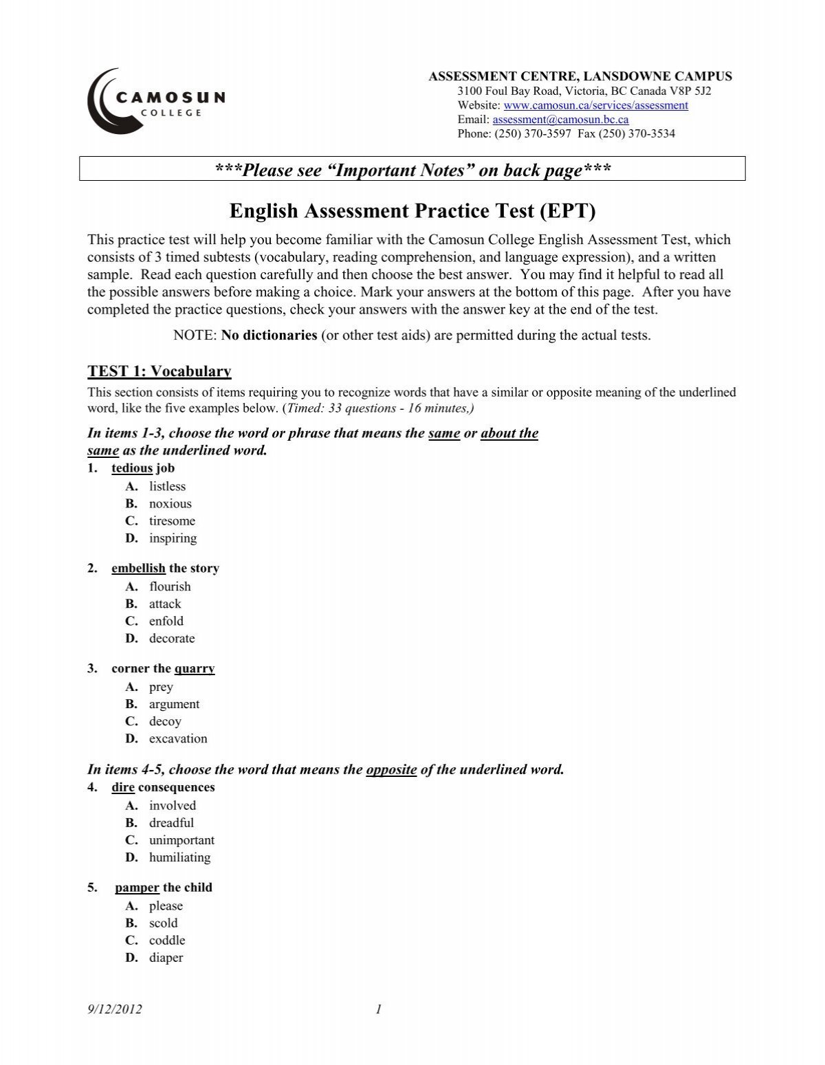 Example Of English Assessment Test