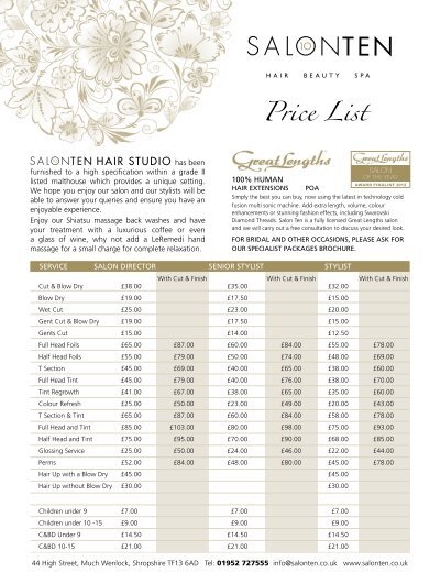 Price List - Salon Ten