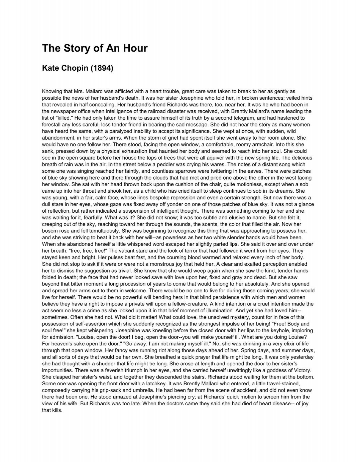 Morgenøvelser Massakre arbejdsløshed The Story Of An Hour, Kate Chopin (PDF