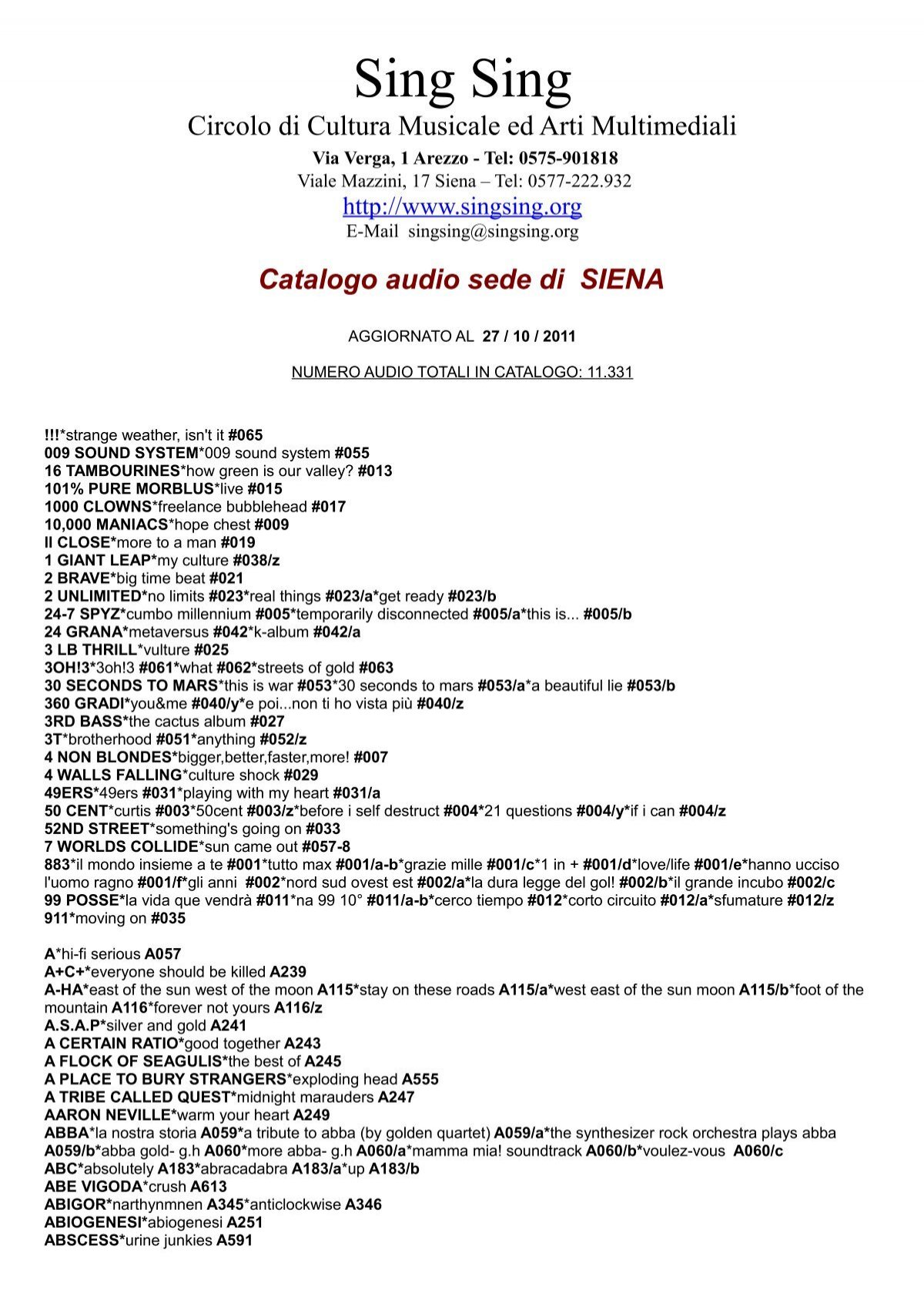 Catalogo audio sede di SIENA - Sing Sing