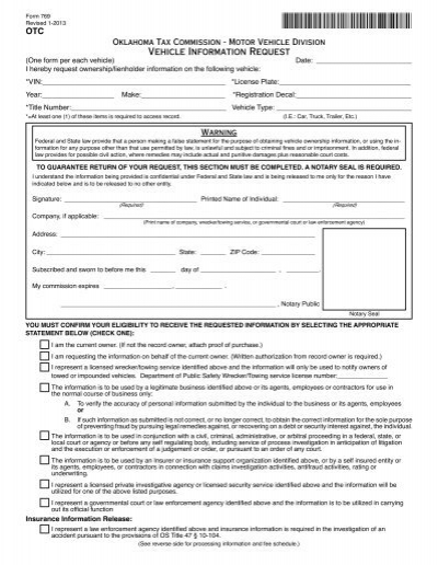 Vehicle Information Request form  Oklahoma Tax Commission