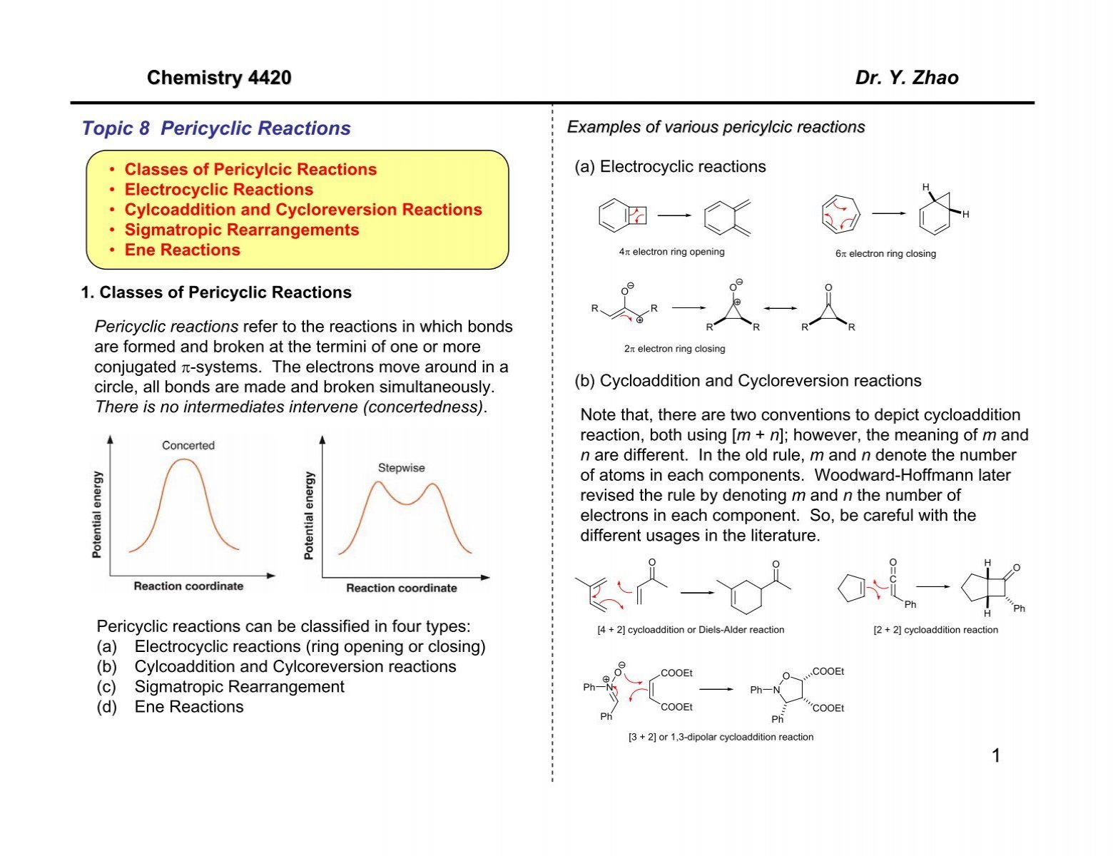 1 Chemistry 44 Dr Y Zhao Topic 8 Pericyclic Reactions