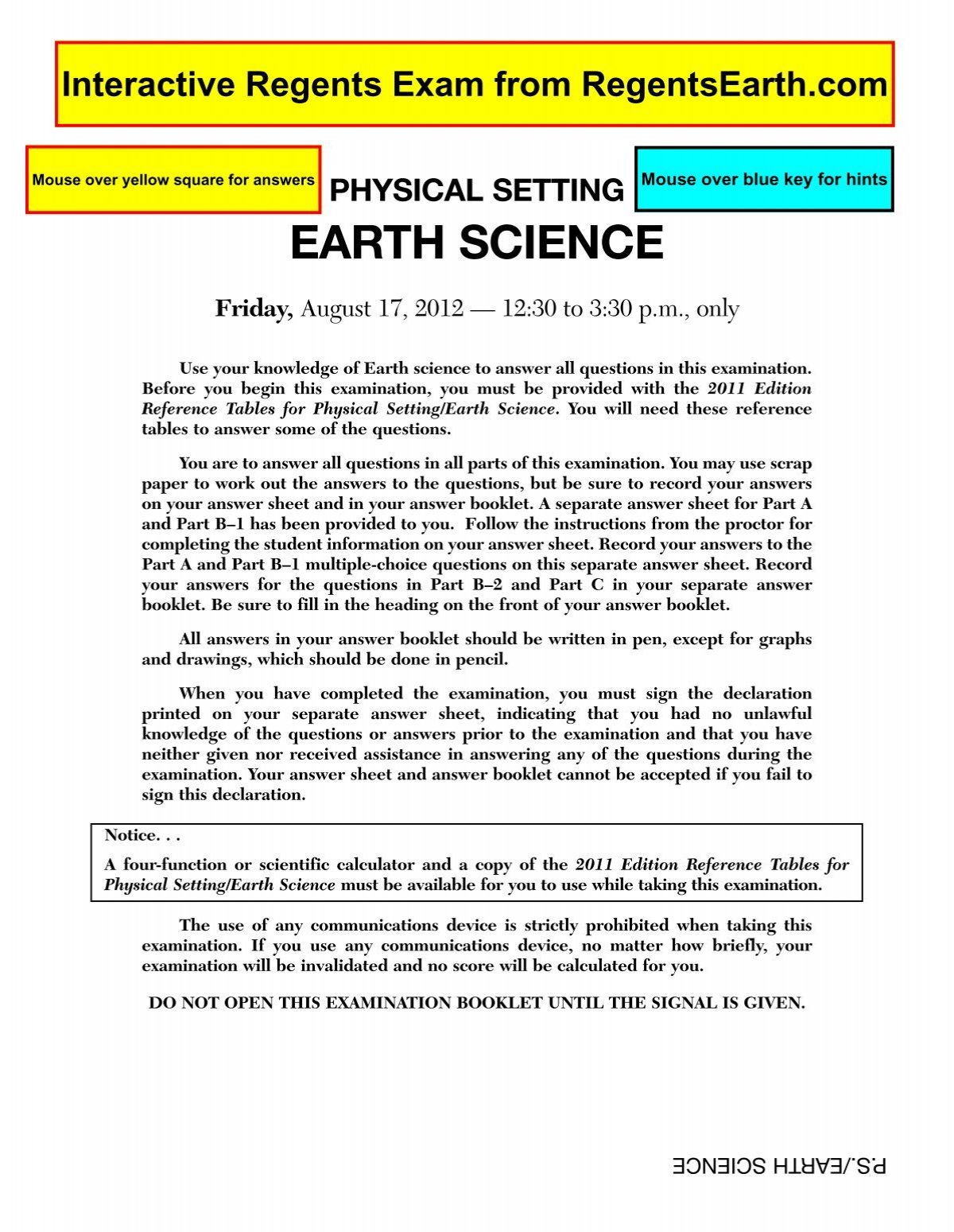 Earth Science Regents Grading Chart