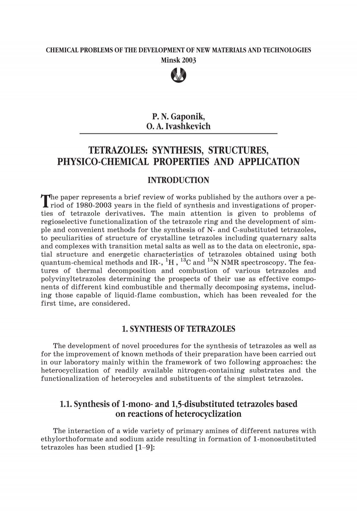 Tetrazoles Synthesis Structures Physico Chemical