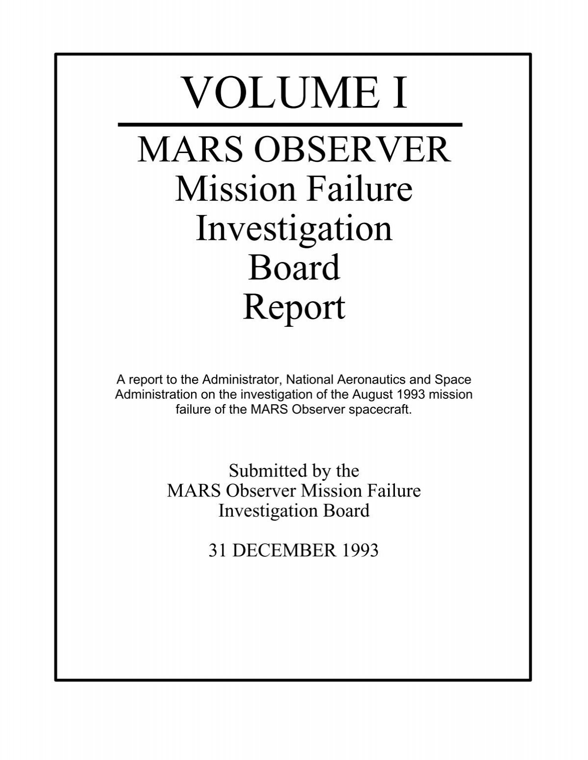 Mars Observer Mission Failure Investigation Board Report