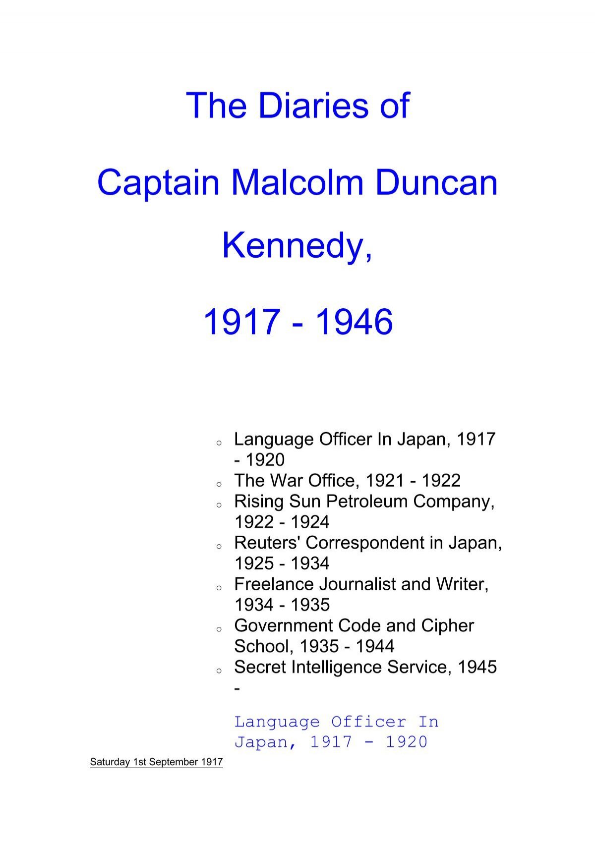 The Diaries of Captain Malcolm Duncan Kennedy, 1917 - 1946