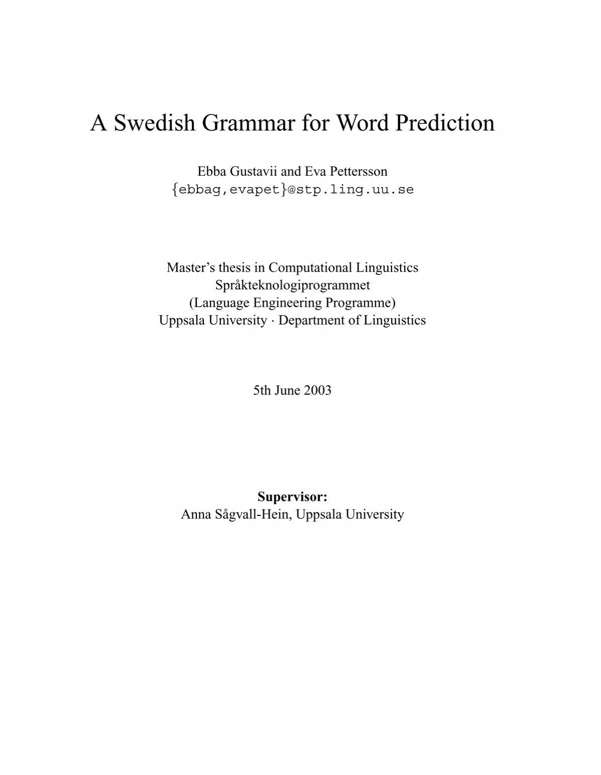 A Swedish Grammar For Word Prediction Stp