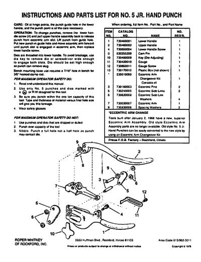 instructions and parts list for no. 5 jr. hand punch - SkyGeek.com