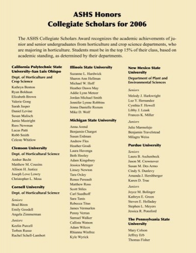 ASHS Honors Collegiate Scholars for 2006