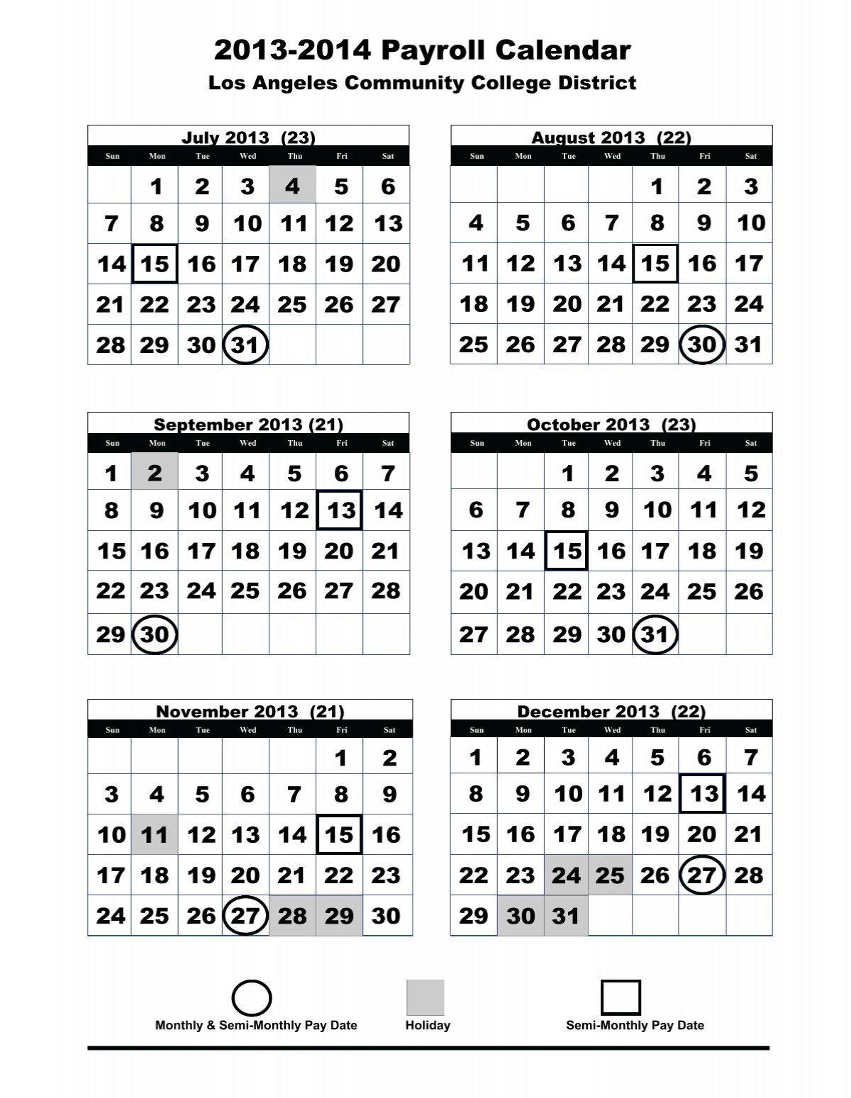 2013-2014 Payroll Calendar - Los Angeles City College