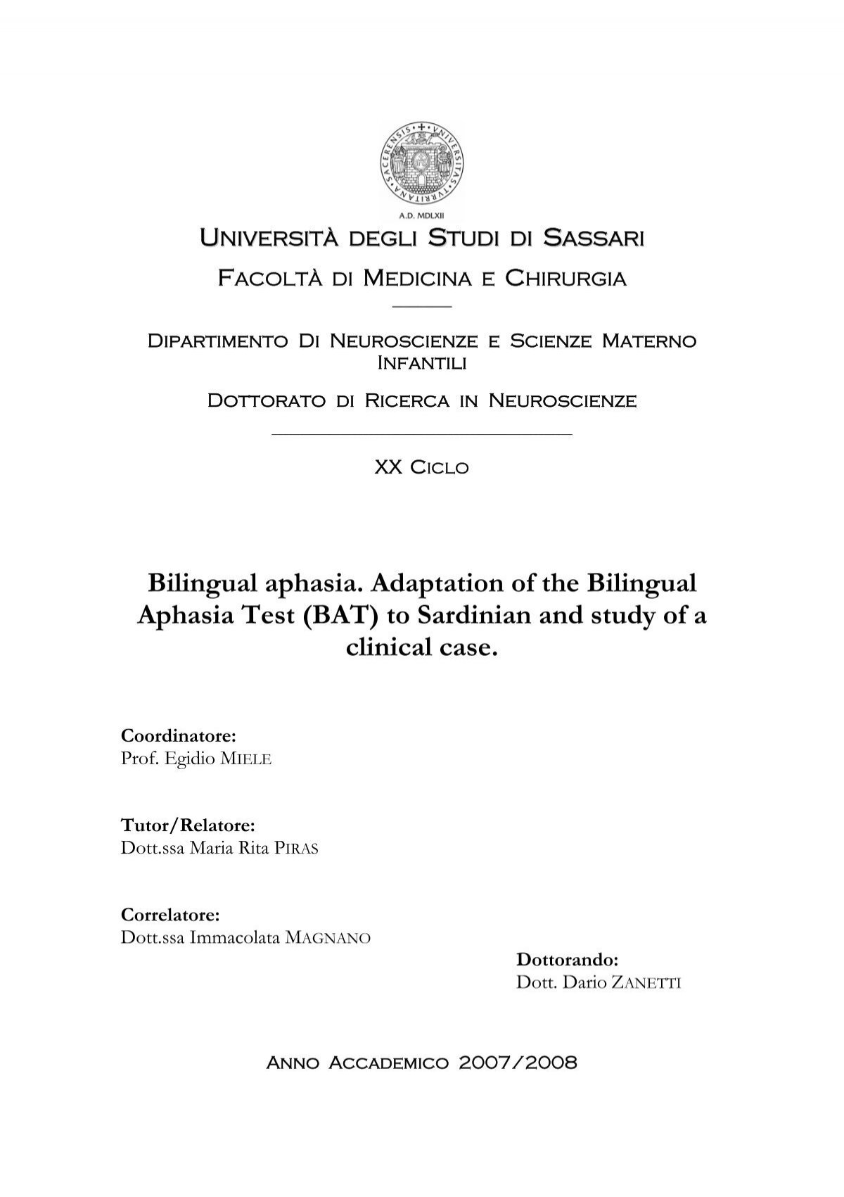 Bilingual Aphasia Adaptation Of The Bilingual Aphasia Test