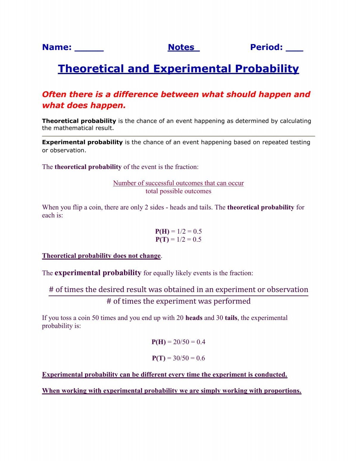 experimental and theoretical probability homework 2