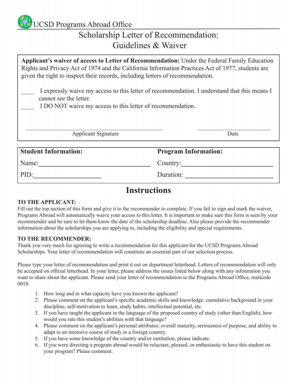 Scholarship Letter Of Recommendation Programs Abroad Office