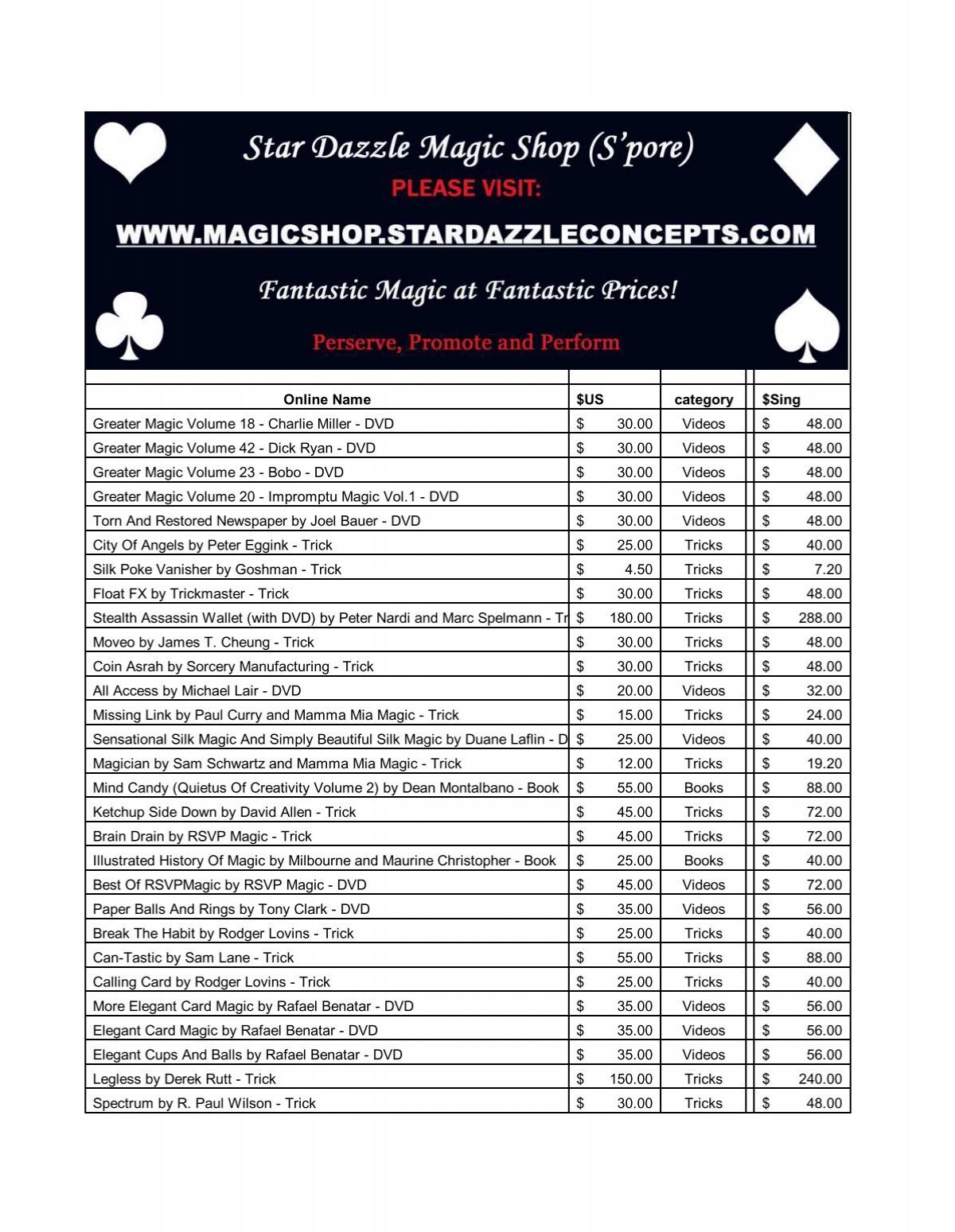 price list - Star Dazzle Magic Shop provided by Bravenet.com