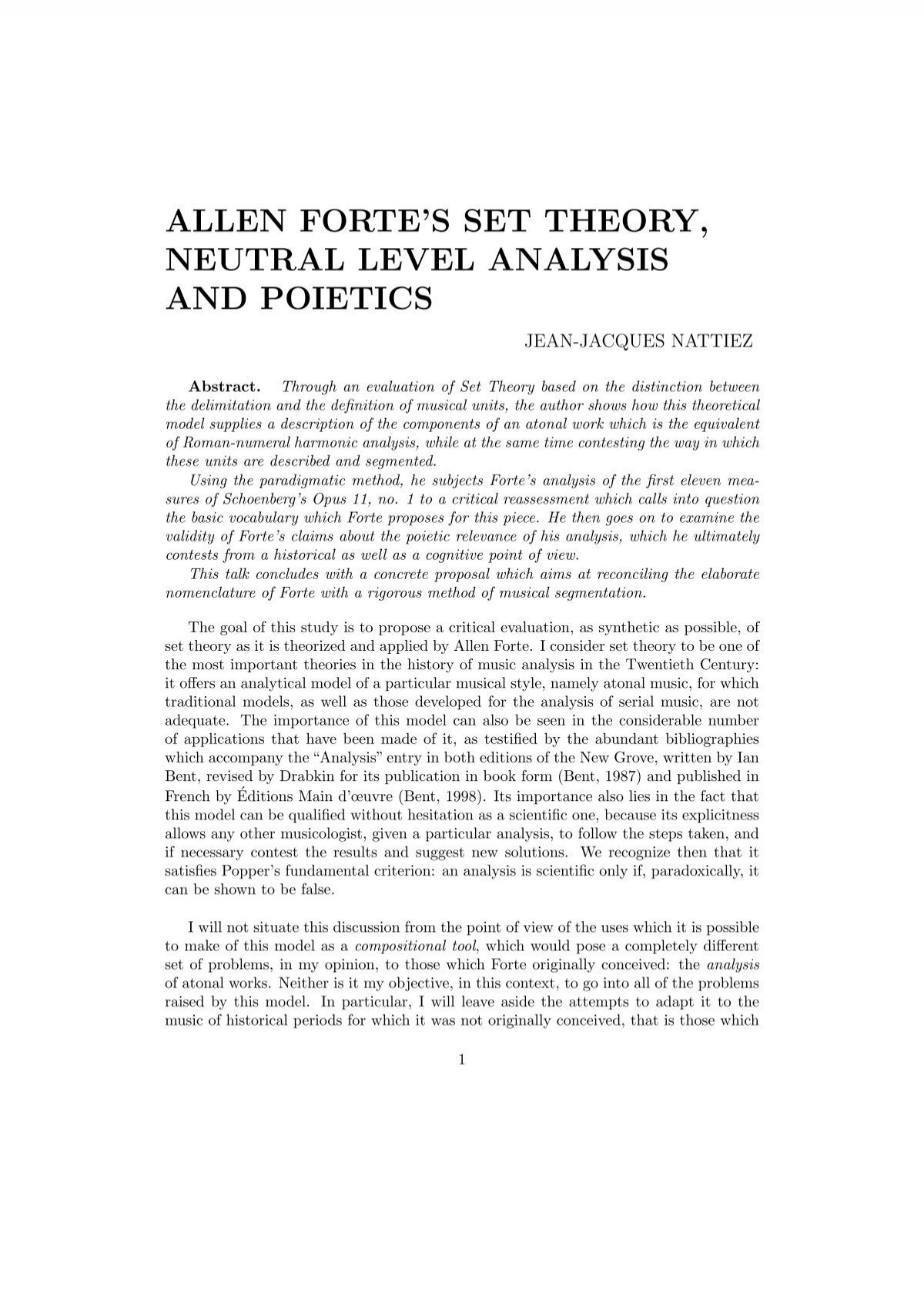 Allen Forte S Set Theory Neutral Level Analysis And Poietics