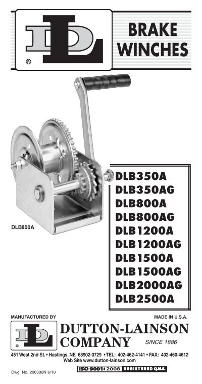 New DUTTON-LAINSON DLB800A Hand Winch Brake 800 lb Made in USA No Handle or Box 