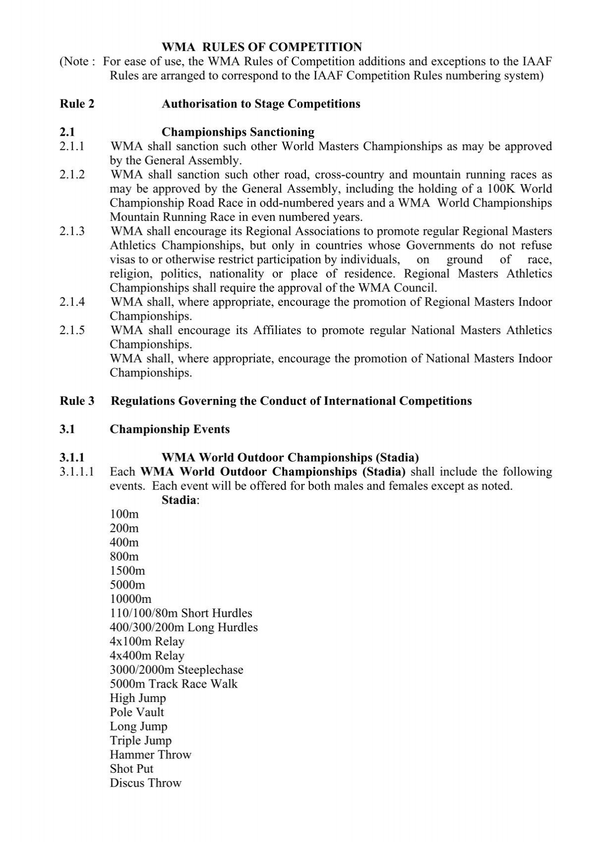 Wma Rules Of Competition World Masters Athletics