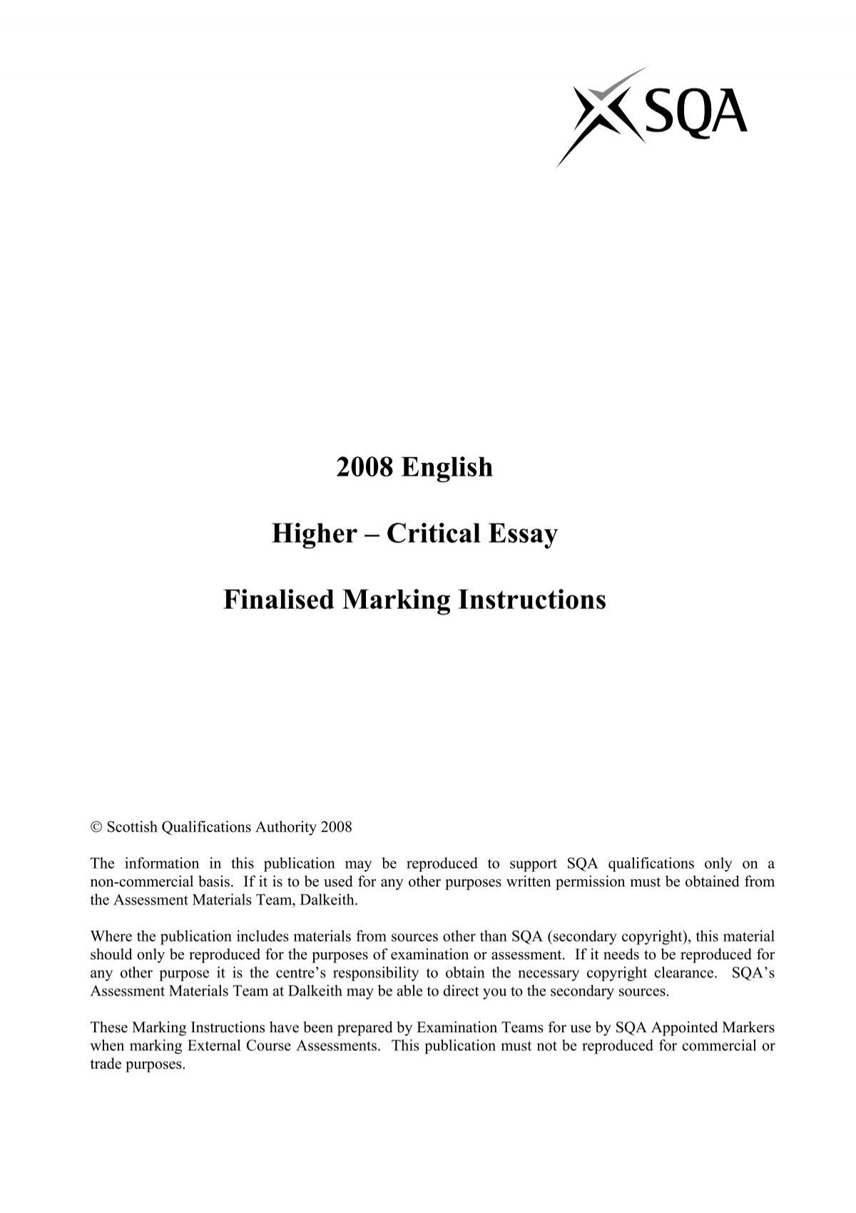 sqa higher english critical essay marking grid