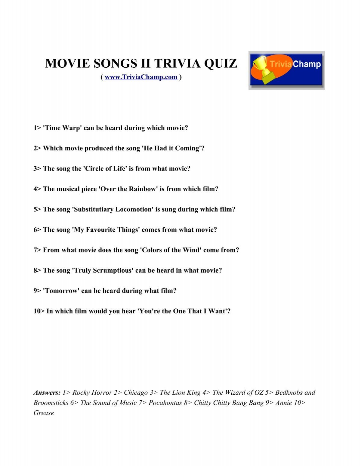 Movie Songs Ii Trivia Quiz Trivia Champ