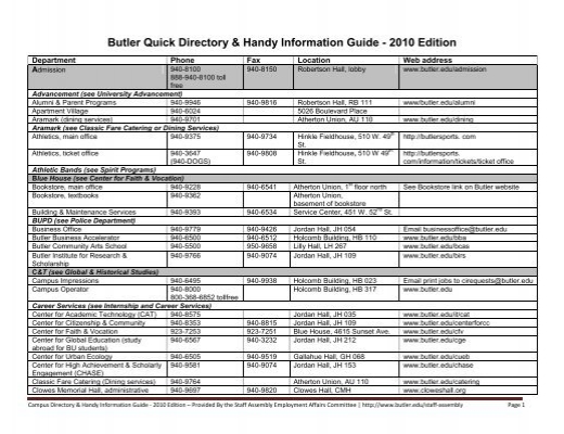 Butler University - Butler Quick Directory & Handy Information Guide