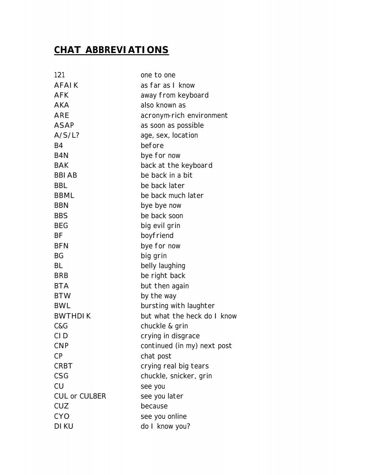 Chat/IRC/BBS - abbreviations and acronyms For the funny little