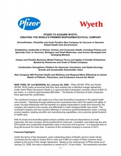 Pfizer to acquire wyeth, creating the world's premier - ISCD