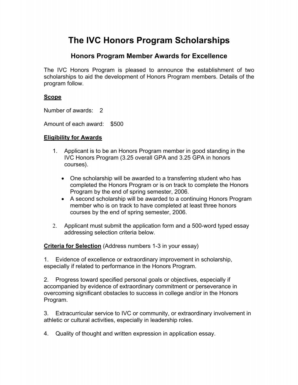 ivc honors program essay examples
