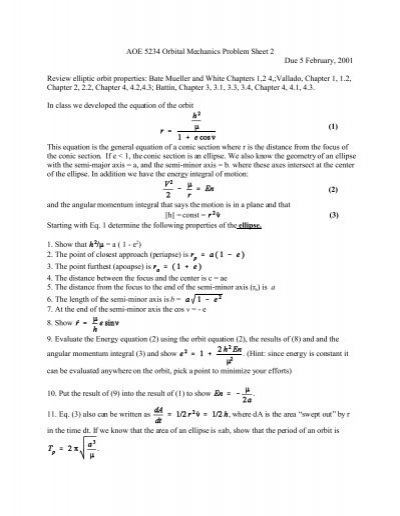 Transparente Cayo capítulo AOE 5234 Orbital Mechanics Problem Sheet 2 Due 5 February ...