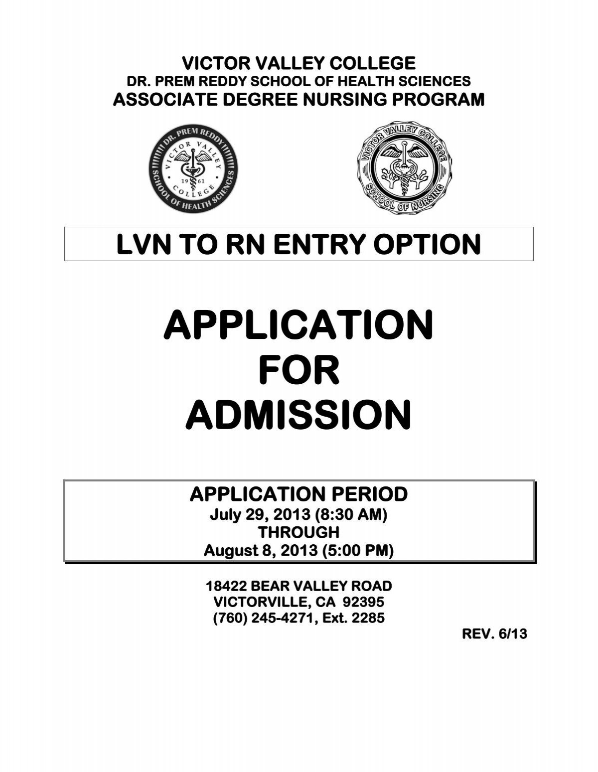 lvn to rn entry option application for admission - Victor Valley College