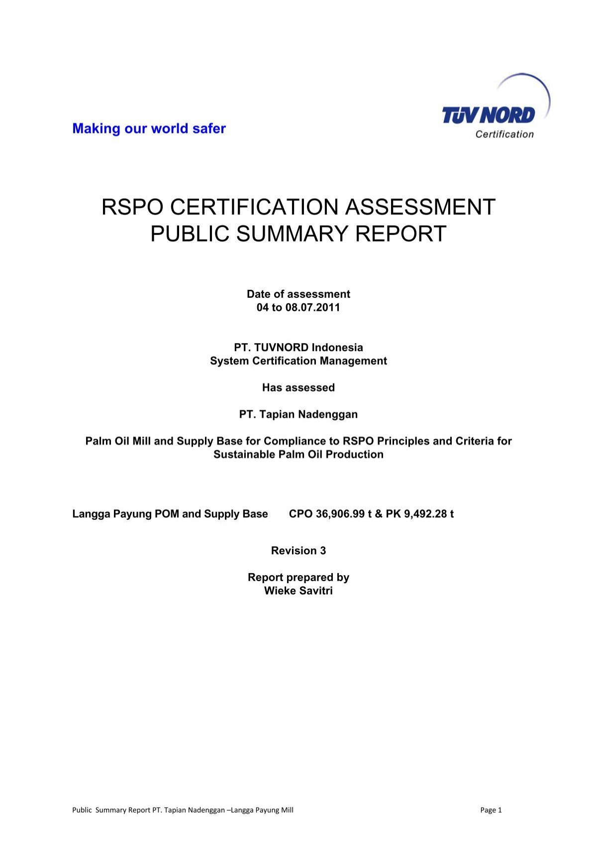 RSPO CERTIFICATION ASSESSMENT PUBLIC SUMMARY REPORT