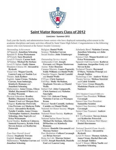 Saint Viator Honors Class of 2012 - Saint Viator High School