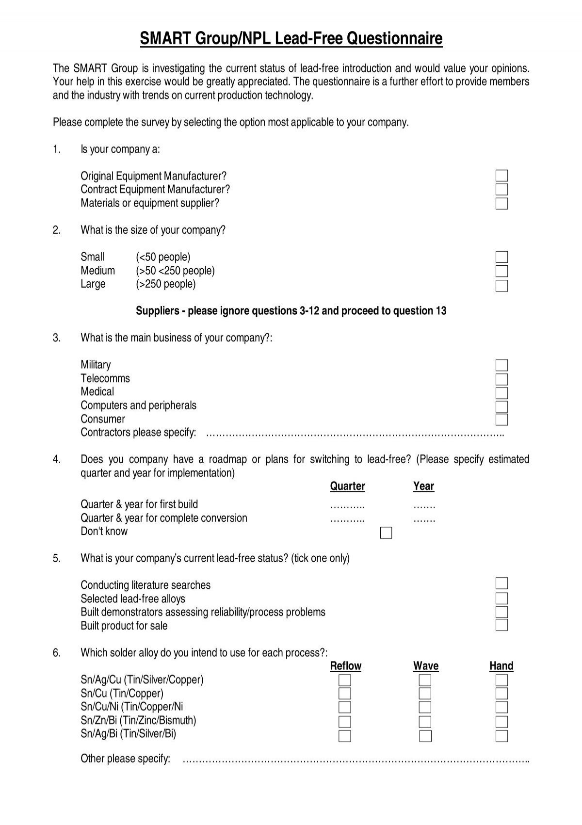 SMART Group/NPL Lead-Free Questionnaire