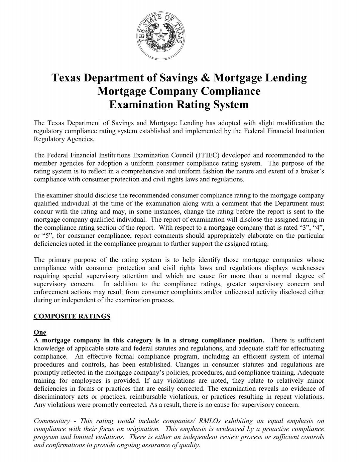 Mortgage Company Examination Rating System - Texas Department ...