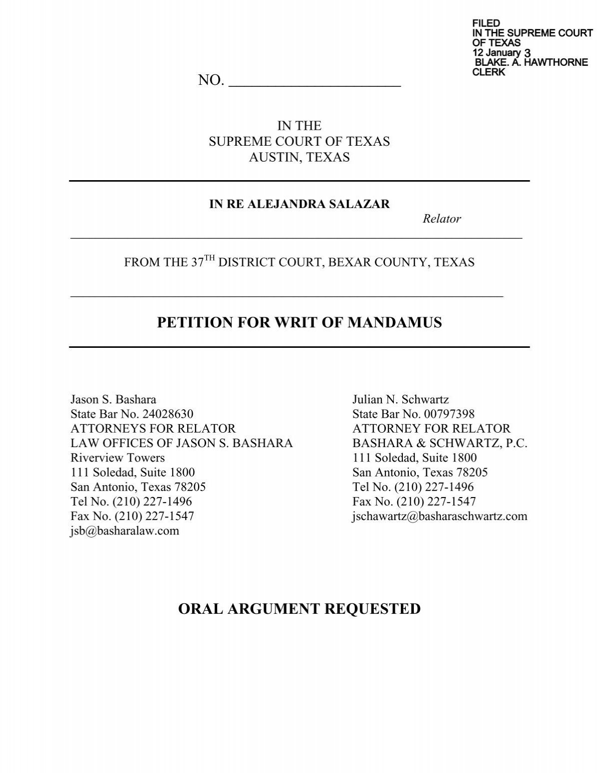 Petition For Writ Of Mandamus Supreme Court Of Texas