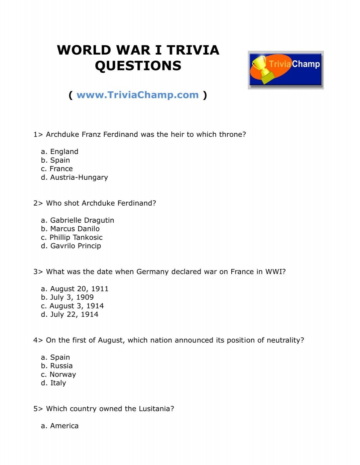 World War I Trivia Questions Trivia Champ