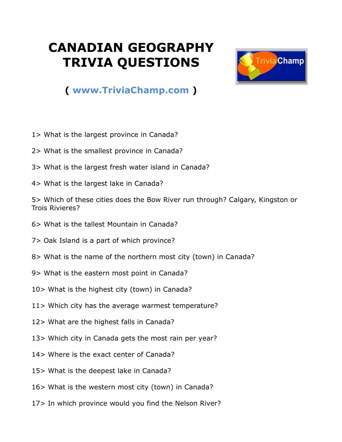 Canadian Geography Trivia Questions Trivia Champ