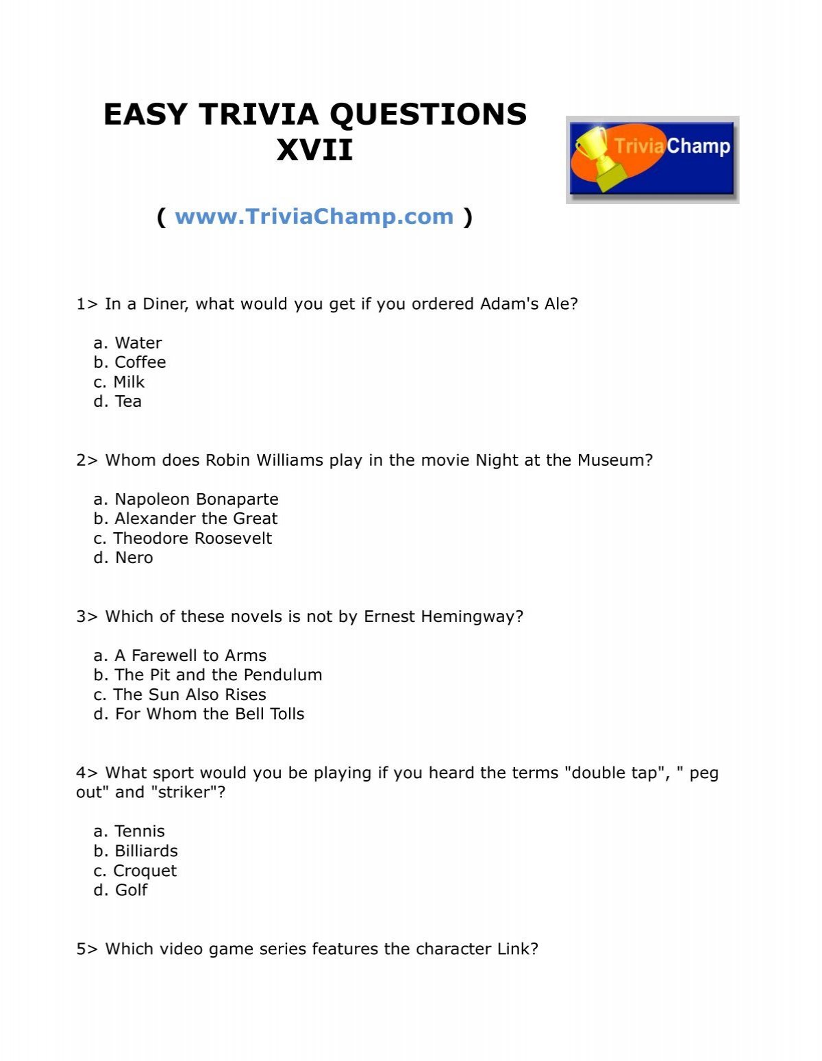 Easy Trivia Questions Xvii Trivia Champ