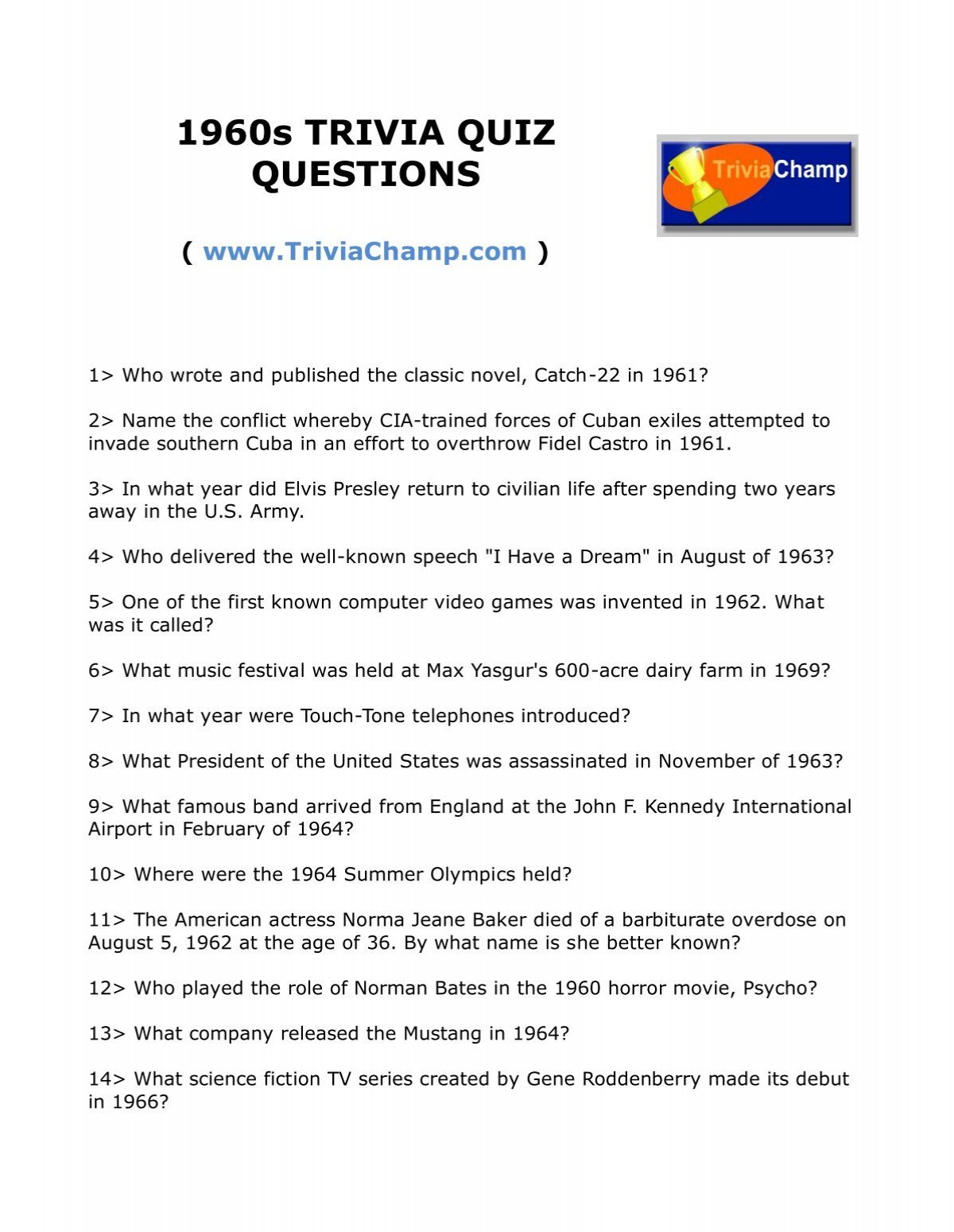 1960s Trivia Quiz Questions Trivia Champ