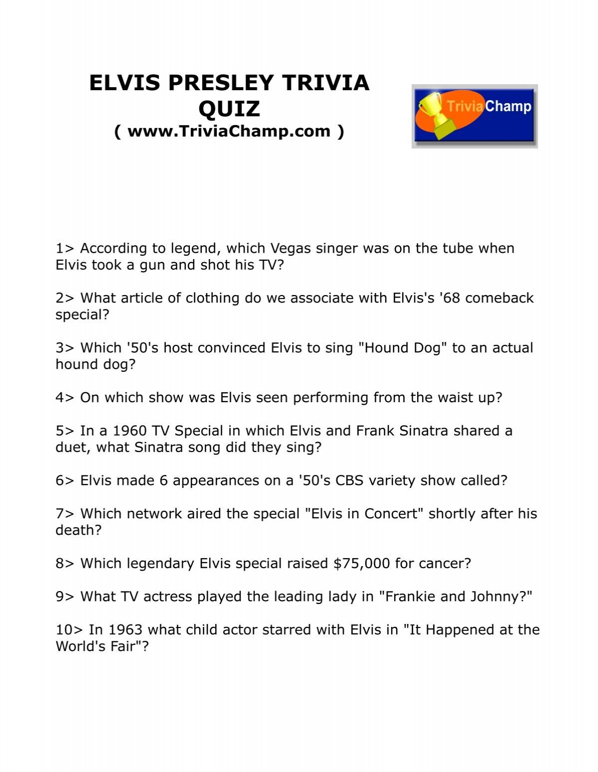 Elvis Presley Trivia Quiz Trivia Champ