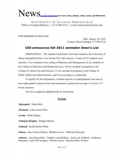 UIS announces fall 2011 semester Dean's List
