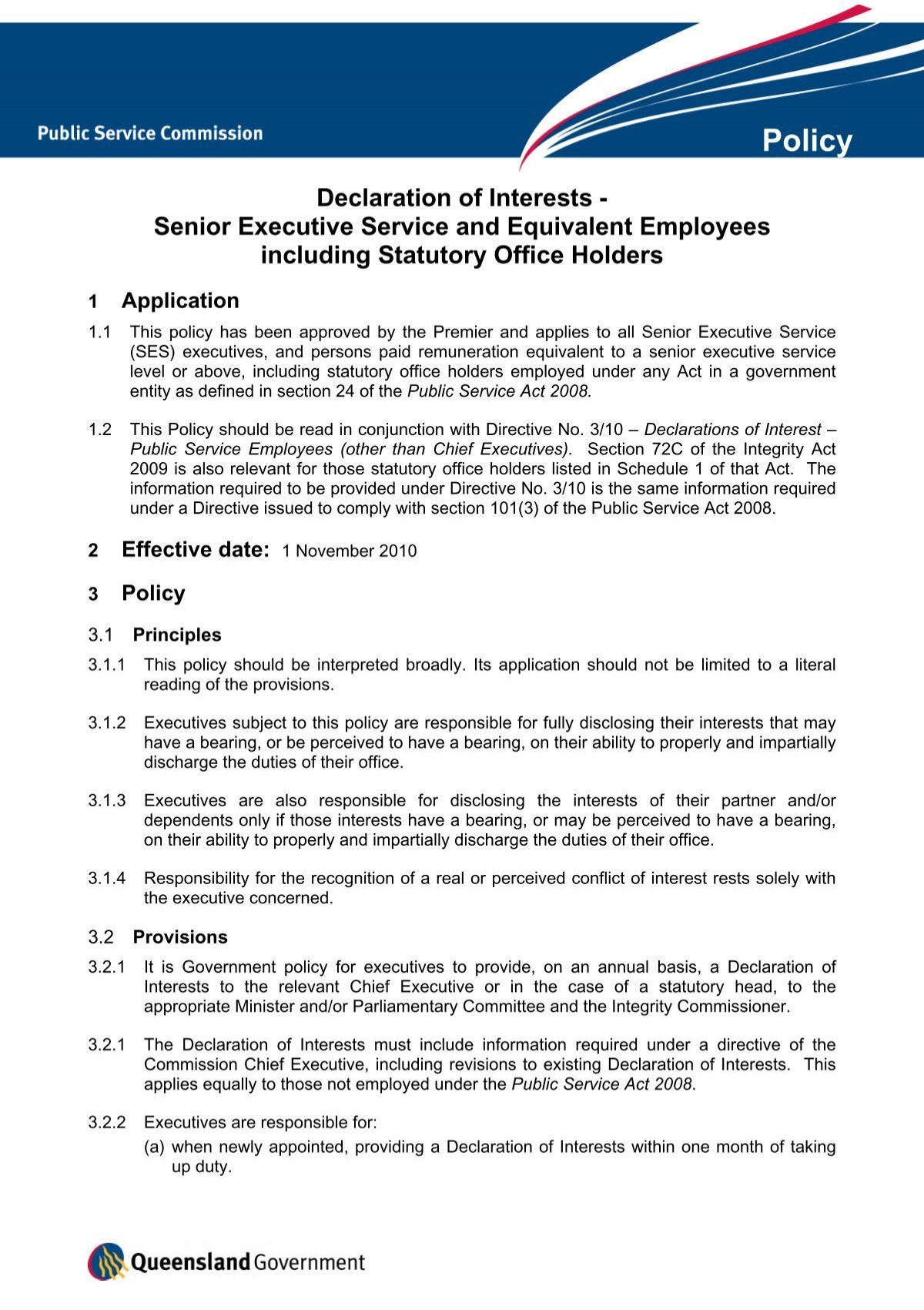 Declaration of Interests - Senior Executives and Equivalent Employees